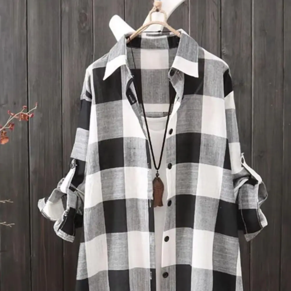 2025 Women Shirt Plaid Print Contrast Color Irregular Hem Single-breasted Long Sleeve Oversized Shirt Coat Breathable Long Shirt