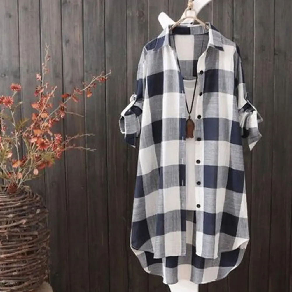 2025 Women Shirt Plaid Print Contrast Color Irregular Hem Single-breasted Long Sleeve Oversized Shirt Coat Breathable Long Shirt