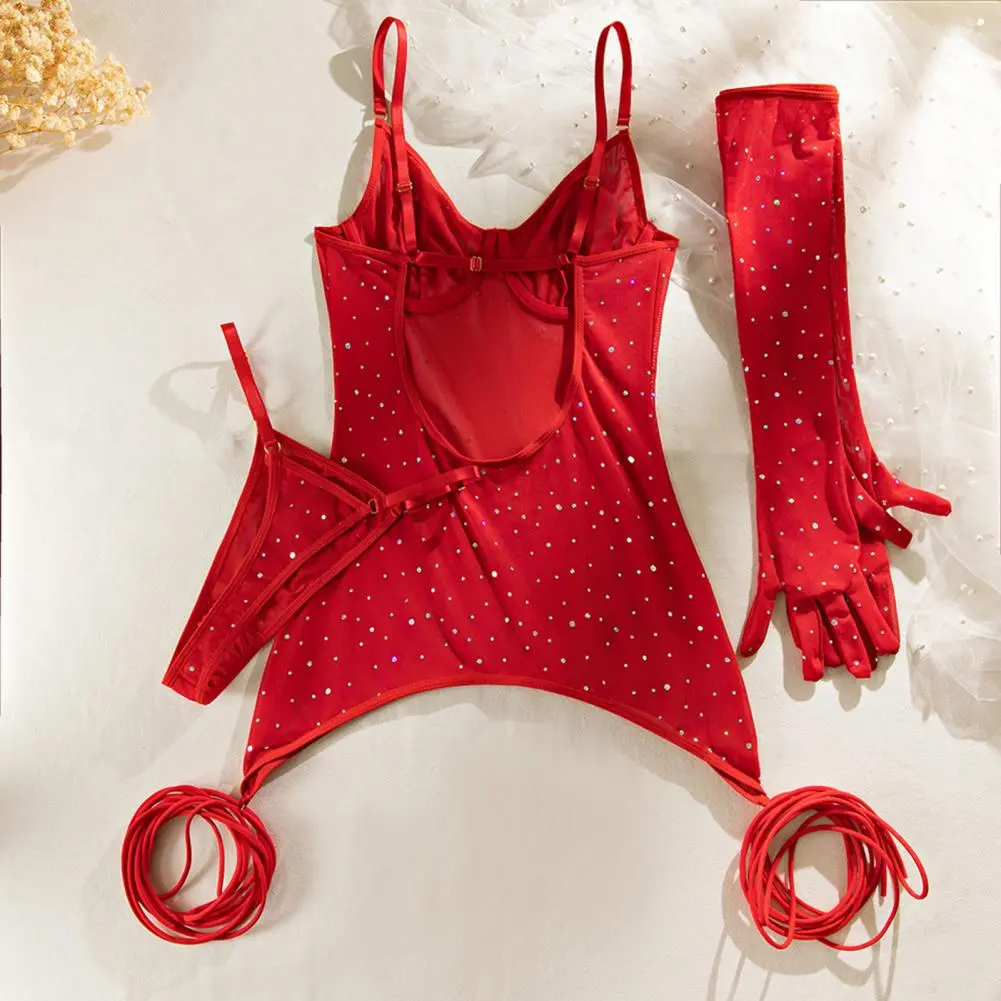Women Bodysuit Sparkly Bodycon Dress Sparkly Glitter Mesh Bodycon Dress Sheer See Through Cami with Thong Gloves Sexy for Women
