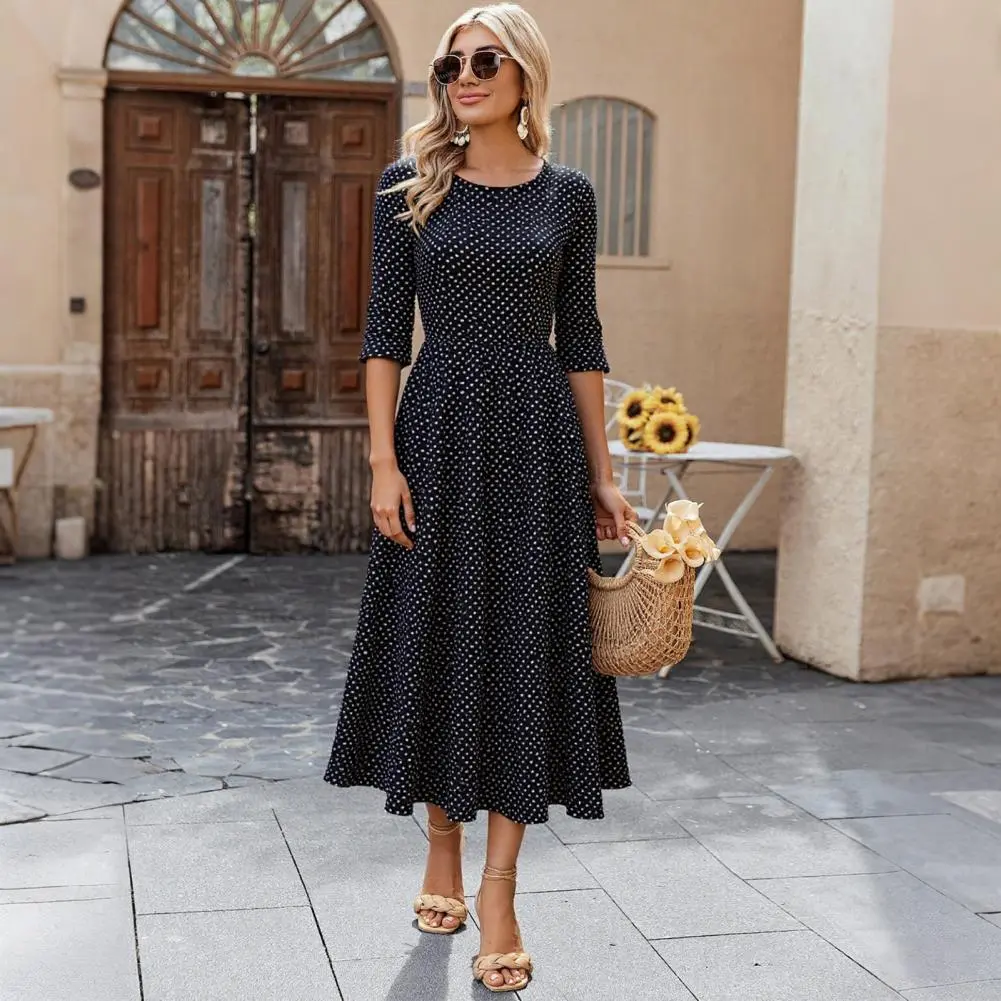 2025 New Red Dot Print Women's Maxi Dress Casual Short Sleeve Flowy Long Dress Summer Crew Neck Boho Loose Pleated Sundress