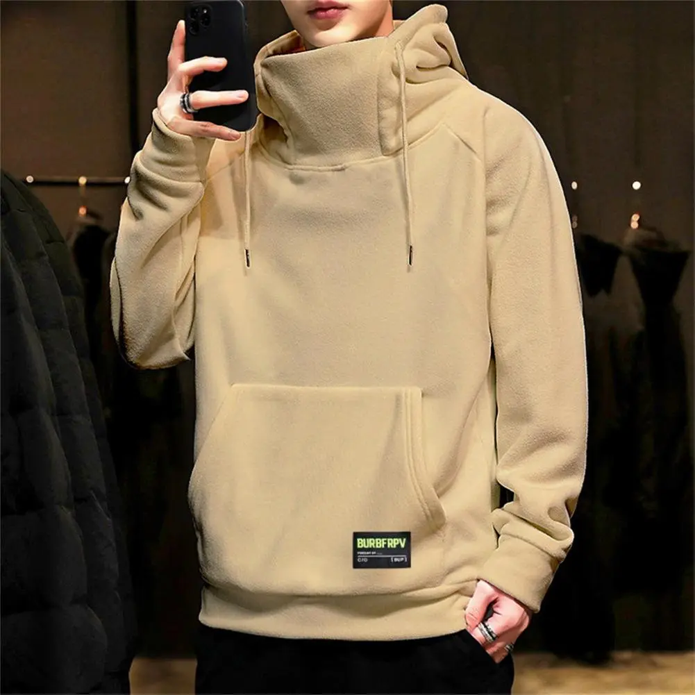 2025 Men Winter Hoodie Hooded Solid Color High Collar Drawstring Warm Thick Thermal Sweatshirt Plus Size Pocket Spring Hoodie
