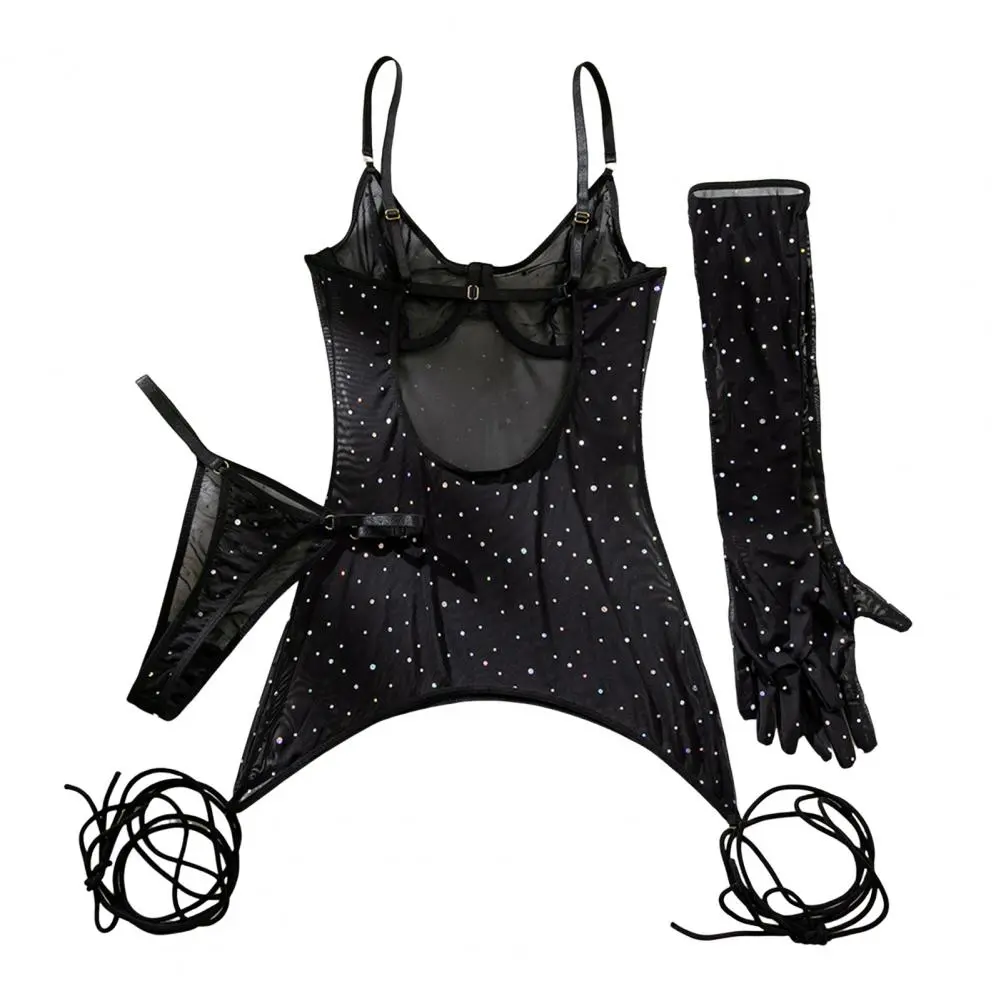 Women Bodysuit Sparkly Bodycon Dress Sparkly Glitter Mesh Bodycon Dress Sheer See Through Cami with Thong Gloves Sexy for Women