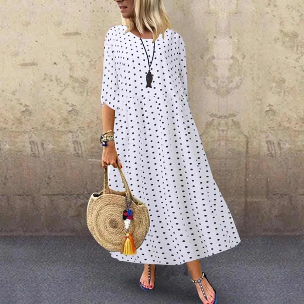 2025 New Red Dot Print Women's Maxi Dress Casual Short Sleeve Flowy Long Dress Summer Crew Neck Boho Loose Pleated Sundress