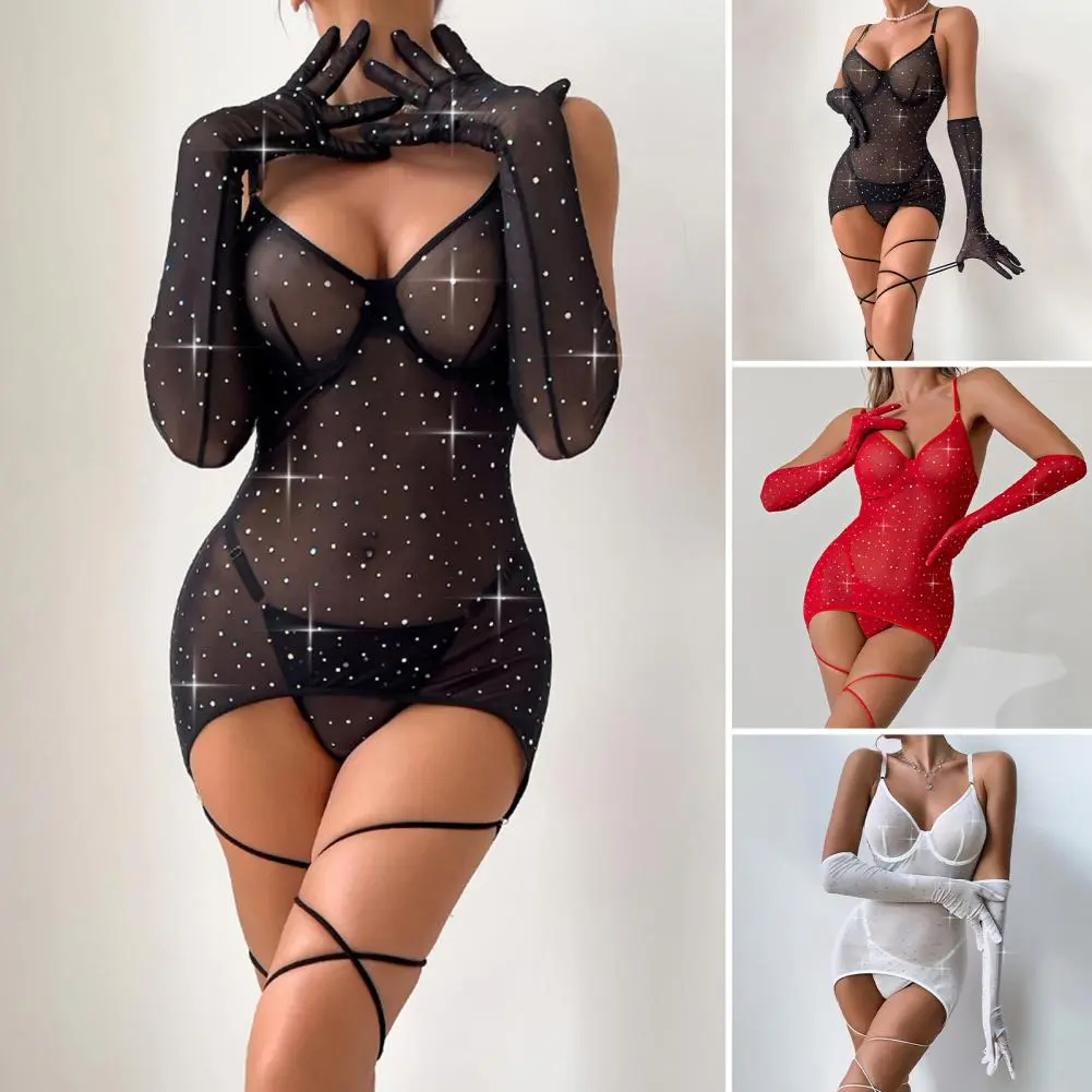 Women Bodysuit Sparkly Bodycon Dress Sparkly Glitter Mesh Bodycon Dress Sheer See Through Cami with Thong Gloves Sexy for Women