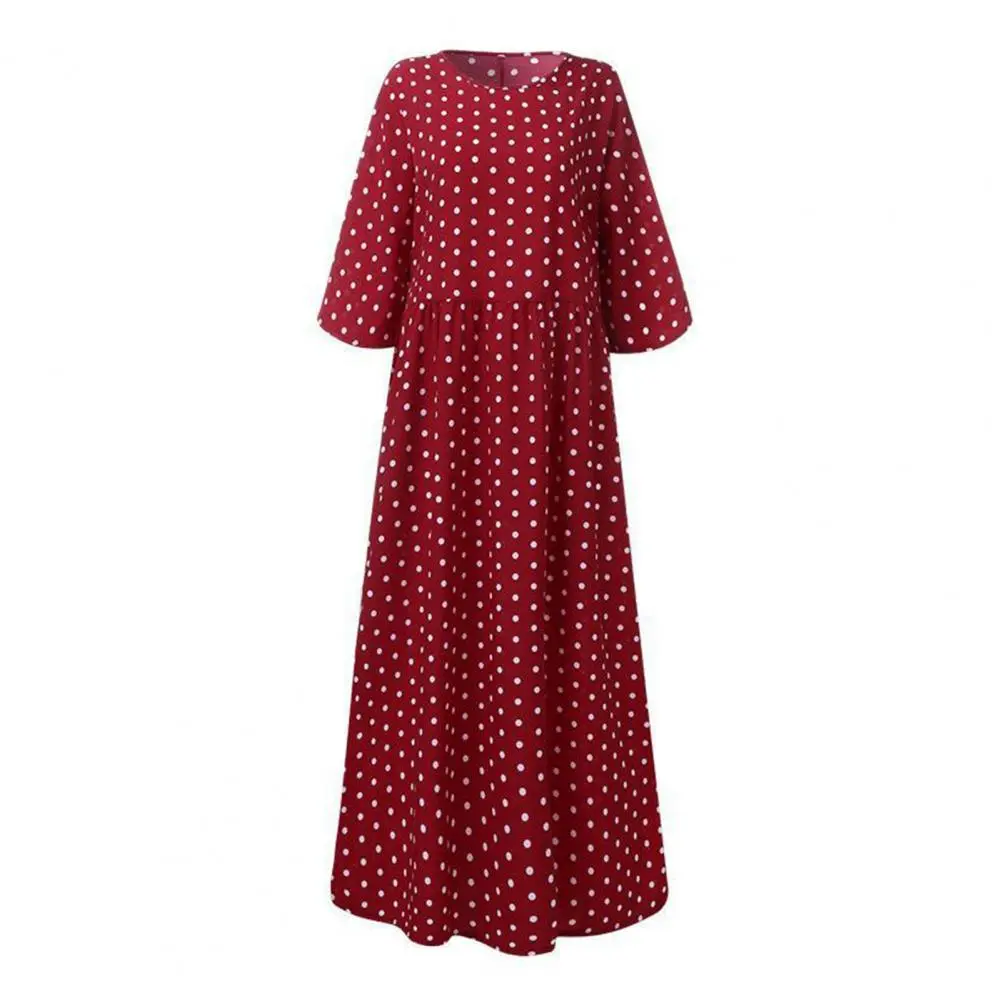 2025 New Red Dot Print Women's Maxi Dress Casual Short Sleeve Flowy Long Dress Summer Crew Neck Boho Loose Pleated Sundress
