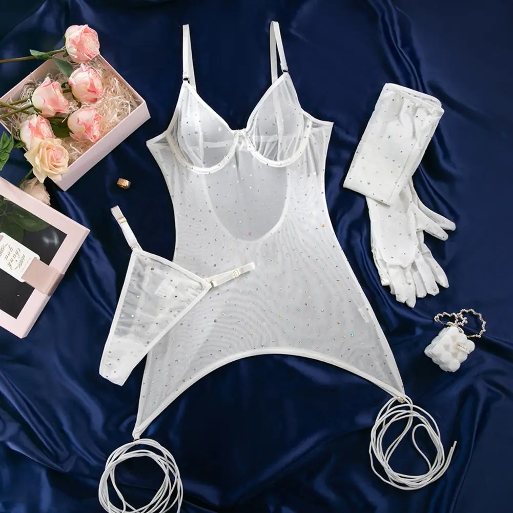 Women Bodysuit Sparkly Bodycon Dress Sparkly Glitter Mesh Bodycon Dress Sheer See Through Cami with Thong Gloves Sexy for Women