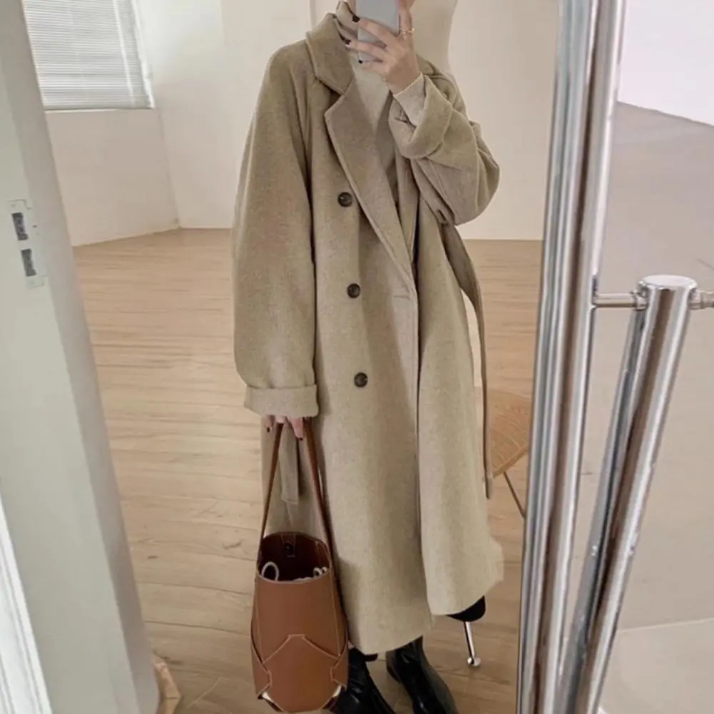 Belted Woolen Jacket Women Wool Trench Coat Mid-length Loose Coat Stylish Women's Double-breasted Woolen Coat Long Loose Trench