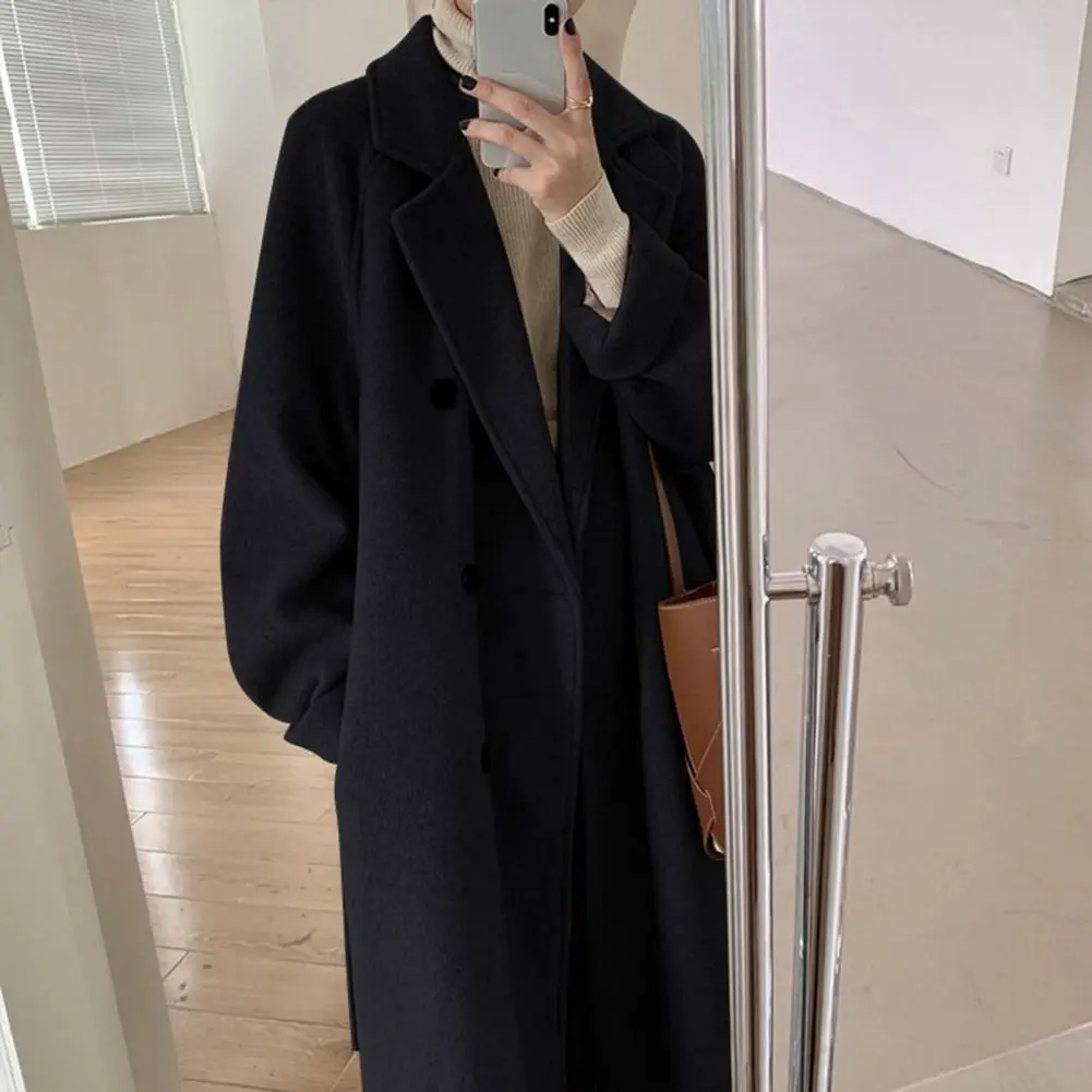 Belted Woolen Jacket Women Wool Trench Coat Mid-length Loose Coat Stylish Women's Double-breasted Woolen Coat Long Loose Trench