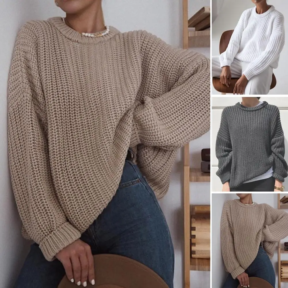 Women Solid Color Sweater Pullover Sweater Cozy Stylish Women's Fall Winter Sweater Loose Fit Round Neck Long Sleeve Solid Color