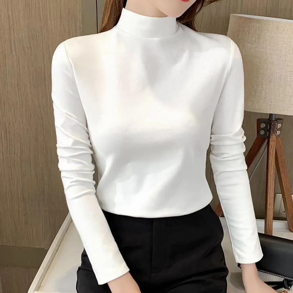 Half High Collar Long Sleeves Bottoming Blouse Slim Fit Thickened Double-Sided Fleece Thermal Undershirt Autumn Pullover Blouse