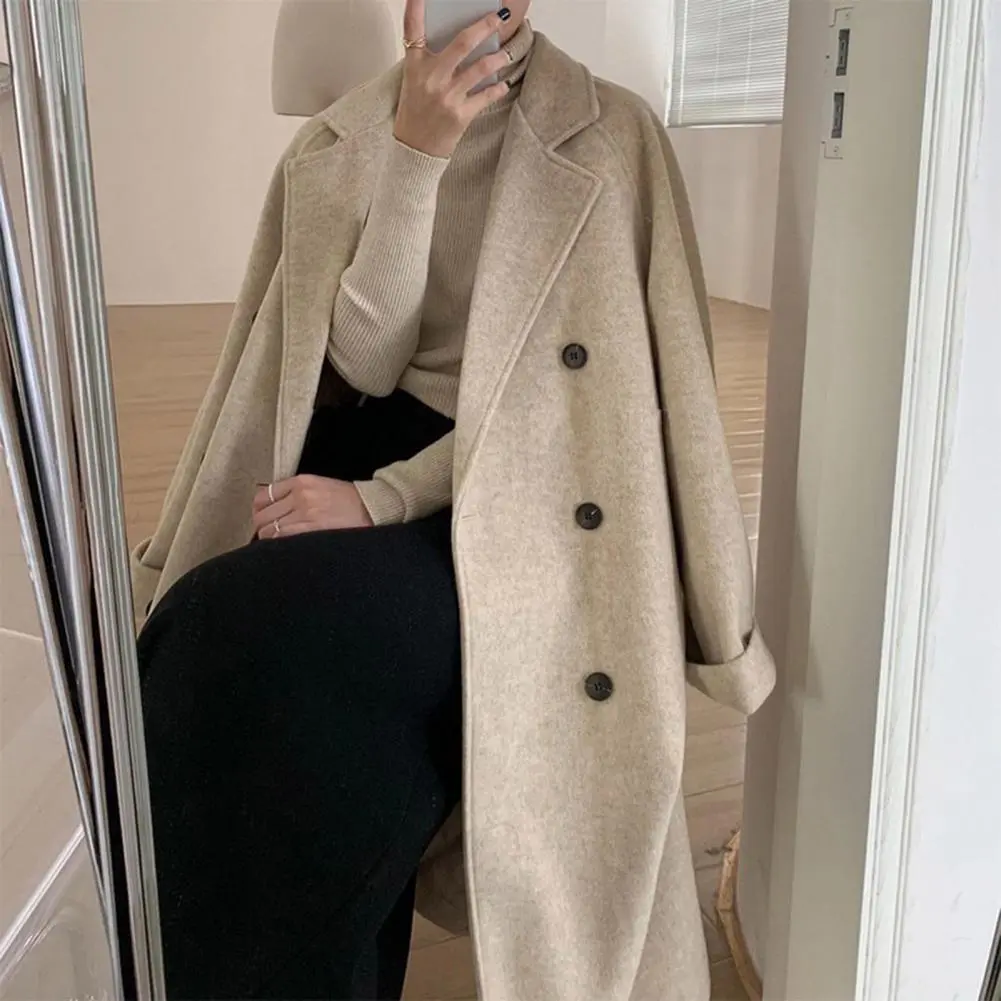 Belted Woolen Jacket Women Wool Trench Coat Mid-length Loose Coat Stylish Women's Double-breasted Woolen Coat Long Loose Trench