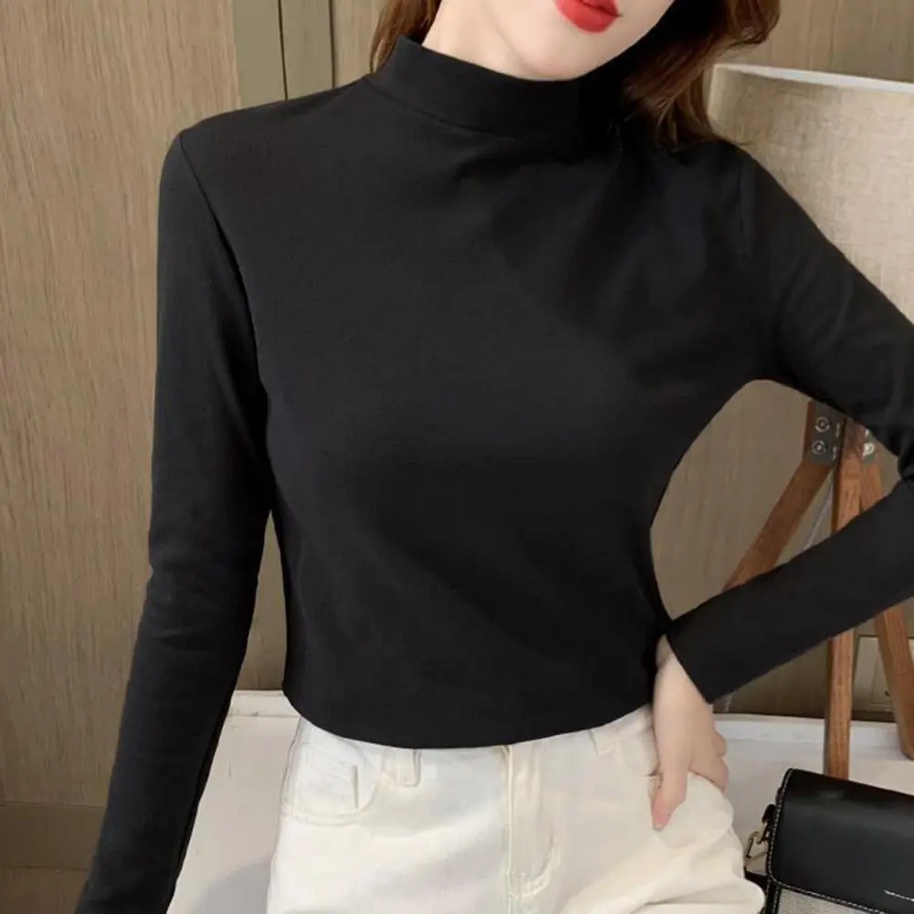 Half High Collar Long Sleeves Bottoming Blouse Slim Fit Thickened Double-Sided Fleece Thermal Undershirt Autumn Pullover Blouse