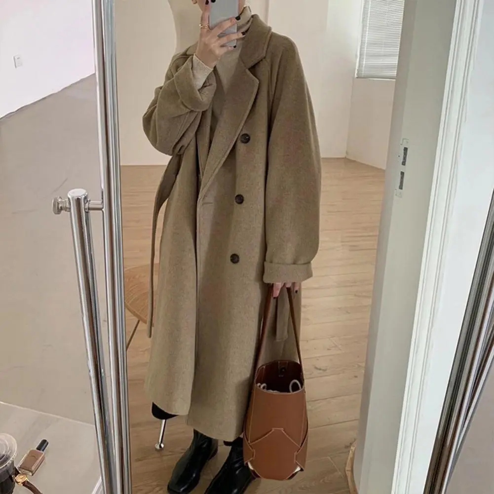 Belted Woolen Jacket Women Wool Trench Coat Mid-length Loose Coat Stylish Women's Double-breasted Woolen Coat Long Loose Trench