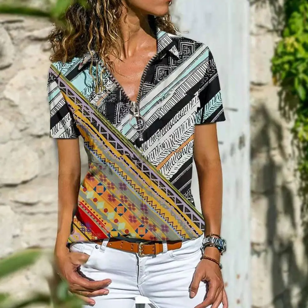 Women Blouse Ethnic Print Bohemian Summer All Match Slim Fit Blouse Elegant Vintage Pattern Short Sleeve Blouse Lady Pullover