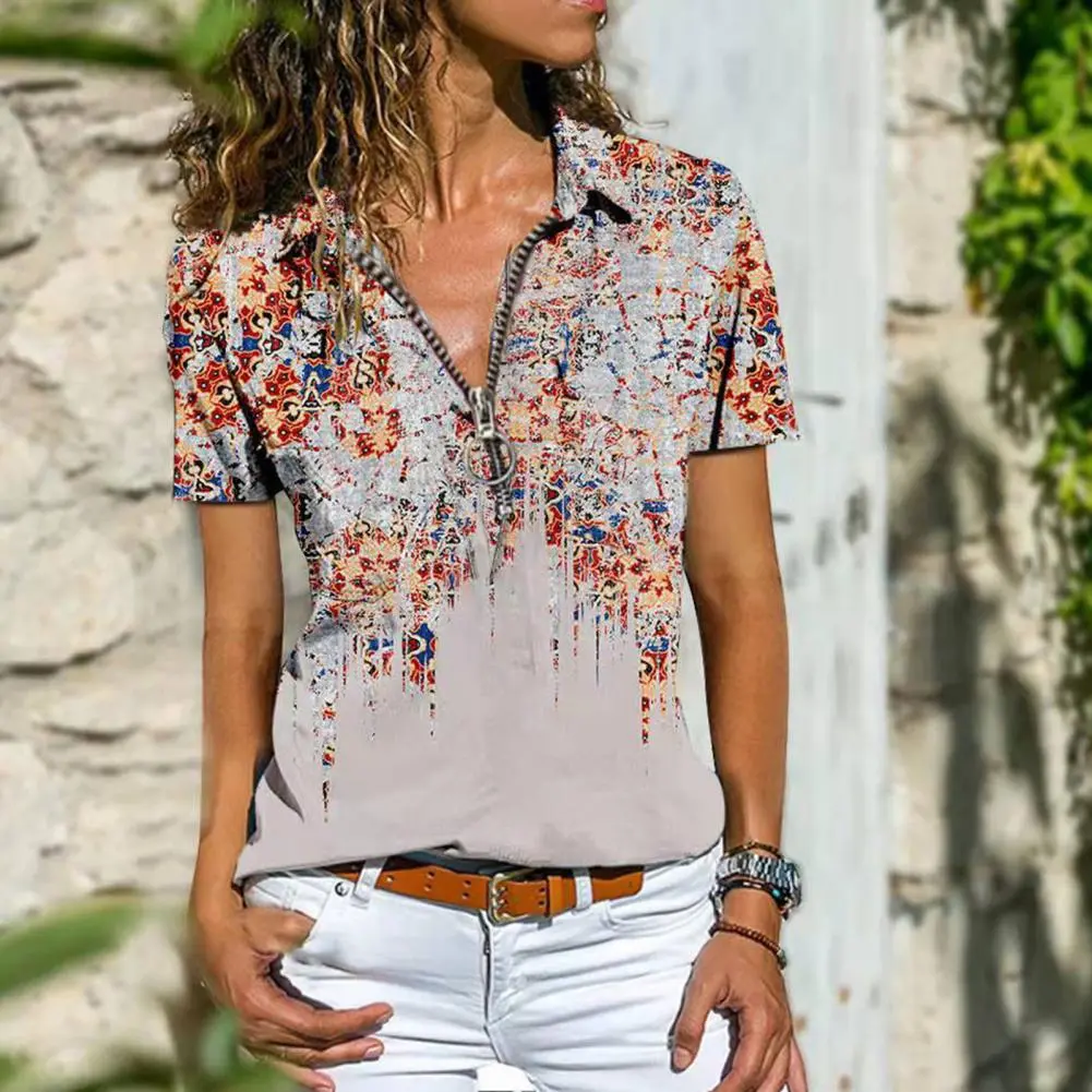 Women Blouse Ethnic Print Bohemian Summer All Match Slim Fit Blouse Elegant Vintage Pattern Short Sleeve Blouse Lady Pullover