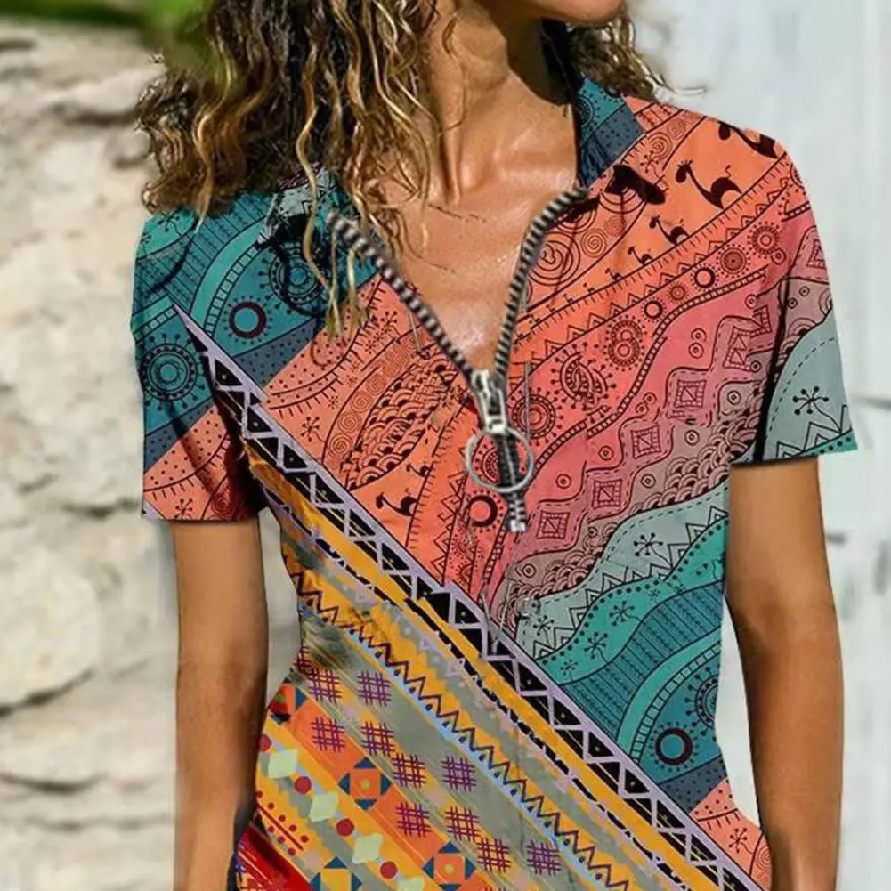 Women Blouse Ethnic Print Bohemian Summer All Match Slim Fit Blouse Elegant Vintage Pattern Short Sleeve Blouse Lady Pullover