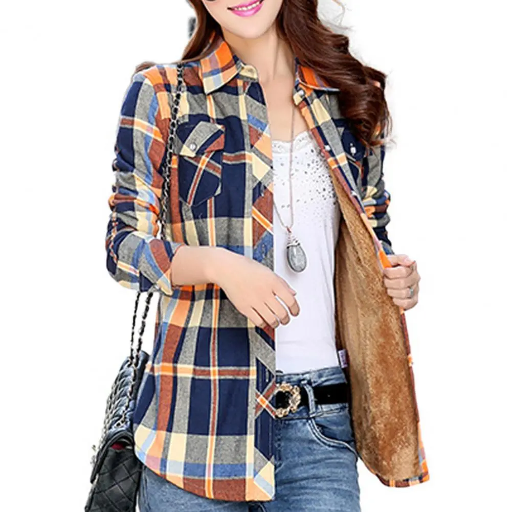 2025 Plaid Print Shirt Coat Women Autumn Winter Plaid Print Coat Lapel Pockets Single Breasted Jacket Thick Fleece Lining Coat