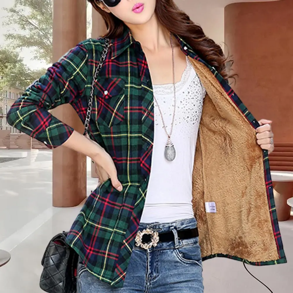 2025 Plaid Print Shirt Coat Women Autumn Winter Plaid Print Coat Lapel Pockets Single Breasted Jacket Thick Fleece Lining Coat