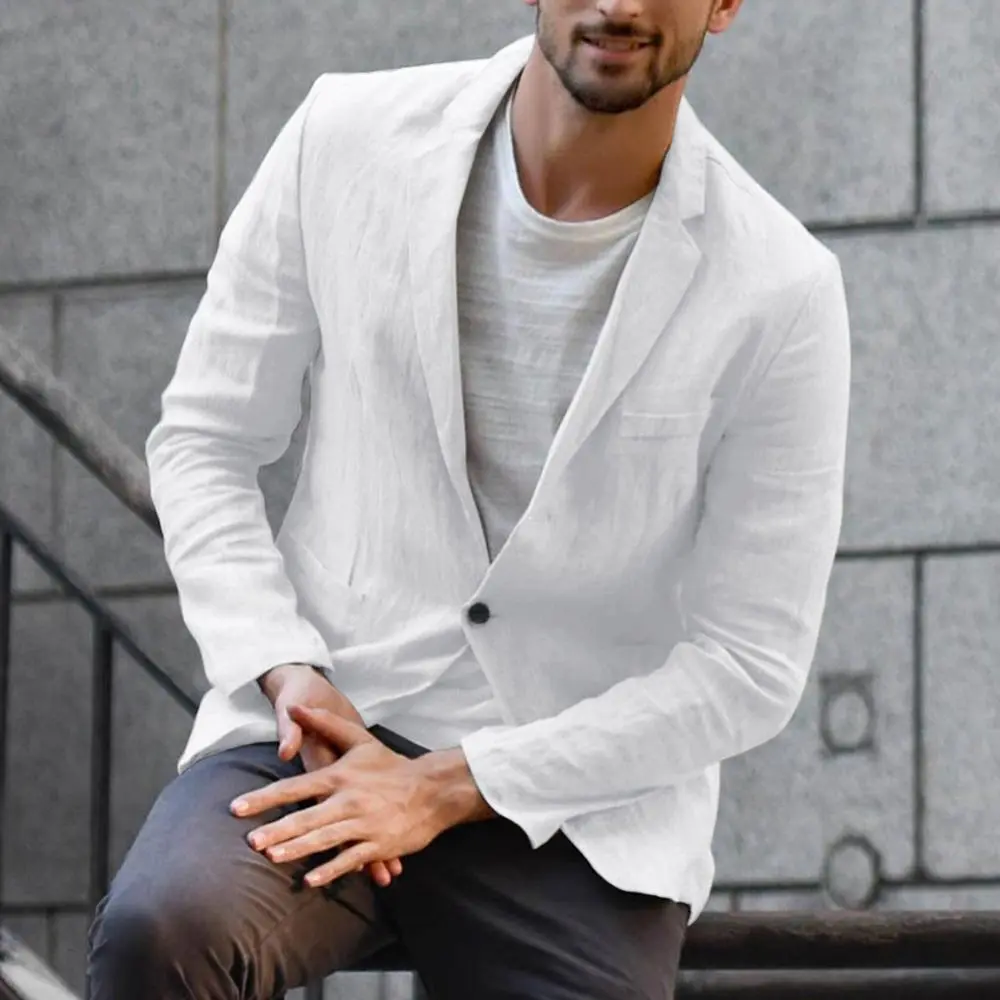 Men Jacket Solid Color Coat Slim Jacket Autumn Pockets Long Sleeve Men Cotton Linen Slim Coat Jacket Outwear