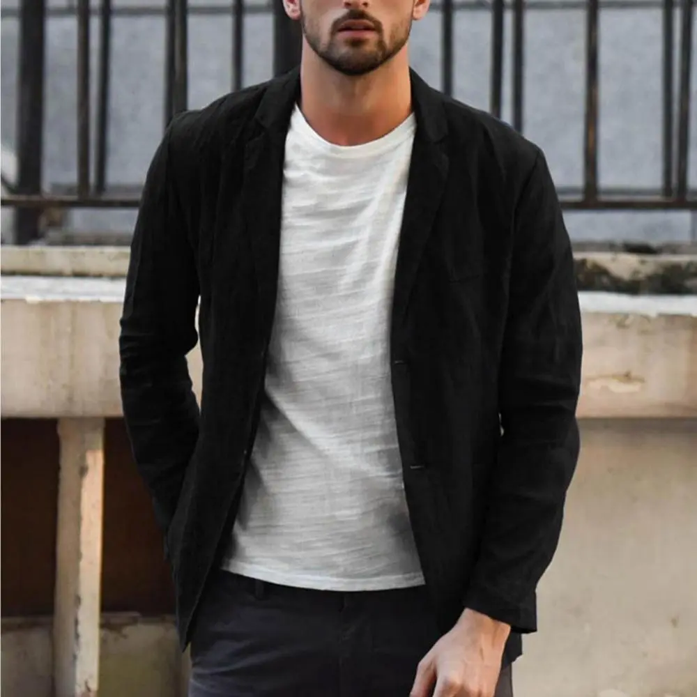 Men Jacket Solid Color Coat Slim Jacket Autumn Pockets Long Sleeve Men Cotton Linen Slim Coat Jacket Outwear