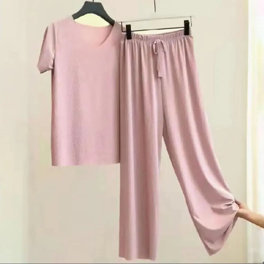 2025 Women T-shirt Pants Set Pleated Wide Leg V Neck Short Sleeves Summer T-shirt Pants Set Loose Homewear Pullover Thin type