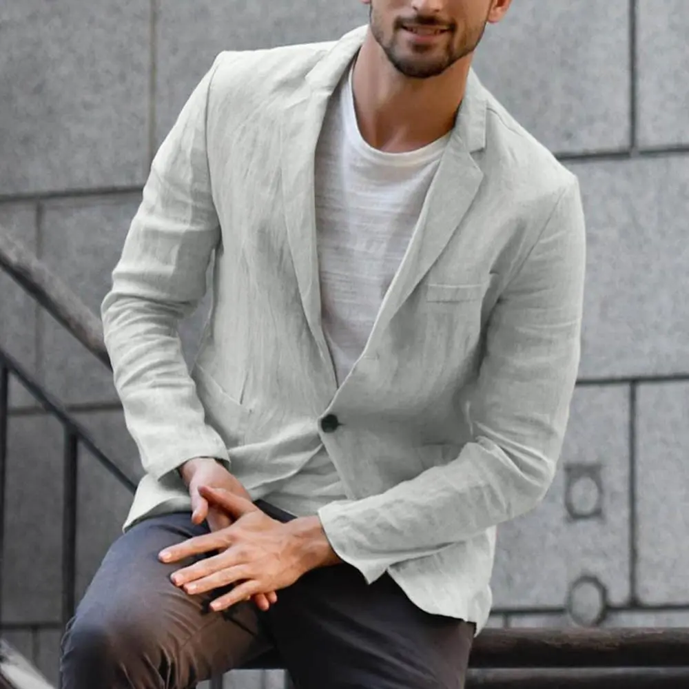 Men Jacket Solid Color Coat Slim Jacket Autumn Pockets Long Sleeve Men Cotton Linen Slim Coat Jacket Outwear