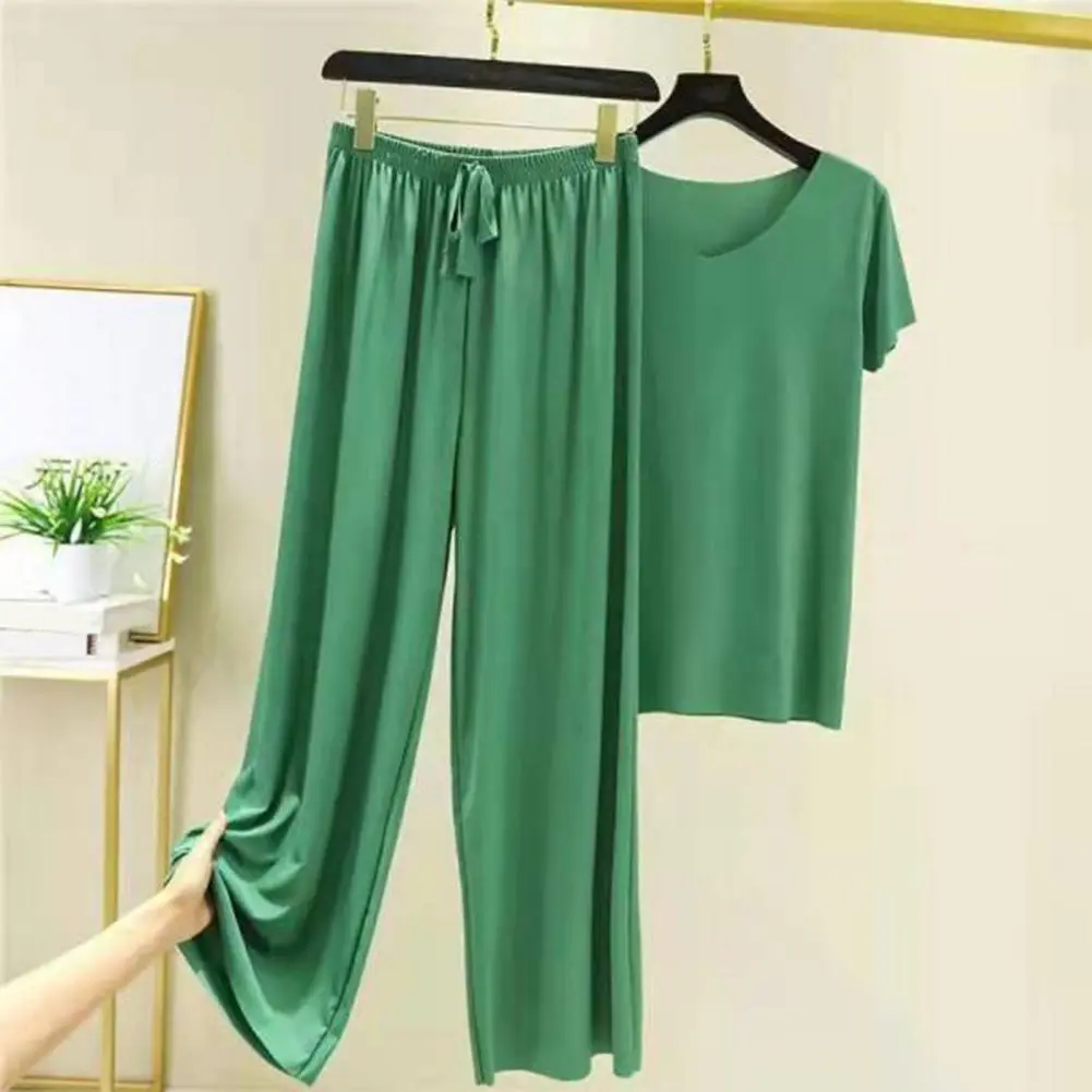 2025 Women T-shirt Pants Set Pleated Wide Leg V Neck Short Sleeves Summer T-shirt Pants Set Loose Homewear Pullover Thin type