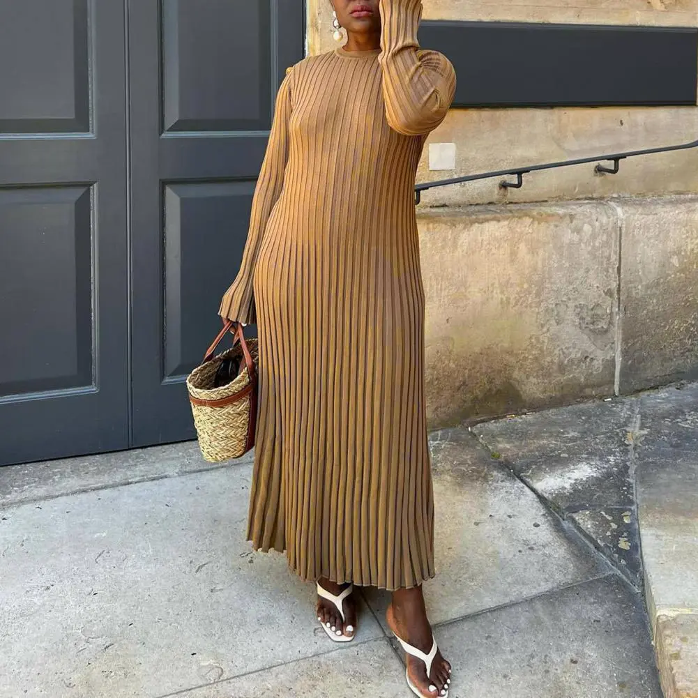 Solid Color Knitted Dress Knitting Maxi Dress Stylish Women's Ribbed Maxi Dresses Solid Color Knitting Long Sleeve for Autumn
