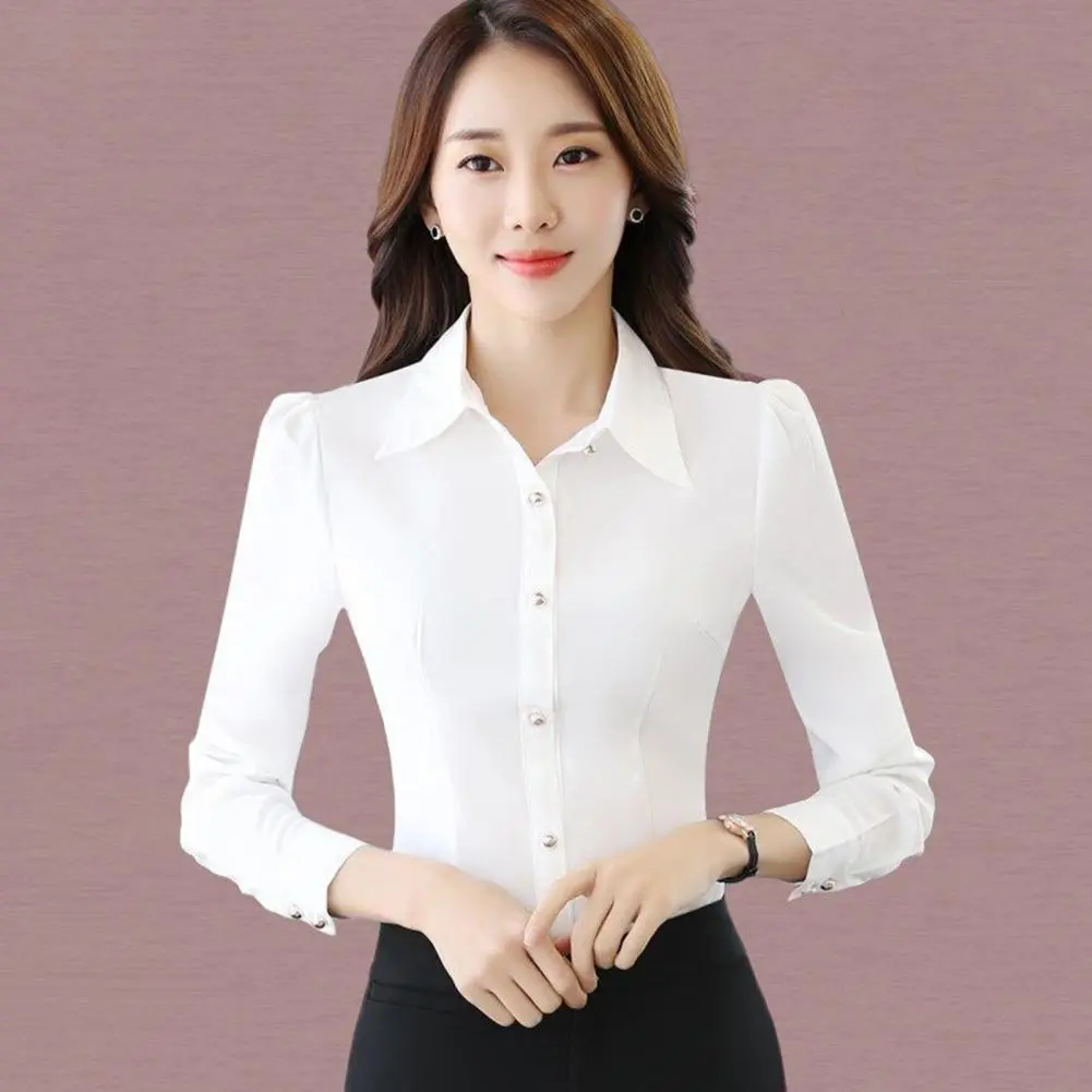 Women Blouse Comfortable Women Shirt Top Lapel Collar Enhance Beauty Image  Stylish Solid Color Long Sleeve Formal Shirt