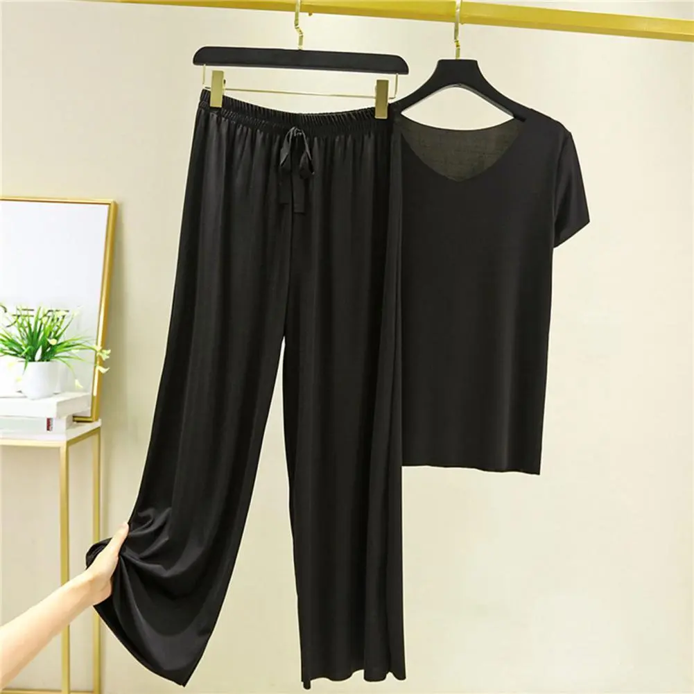 2025 Women T-shirt Pants Set Pleated Wide Leg V Neck Short Sleeves Summer T-shirt Pants Set Loose Homewear Pullover Thin type