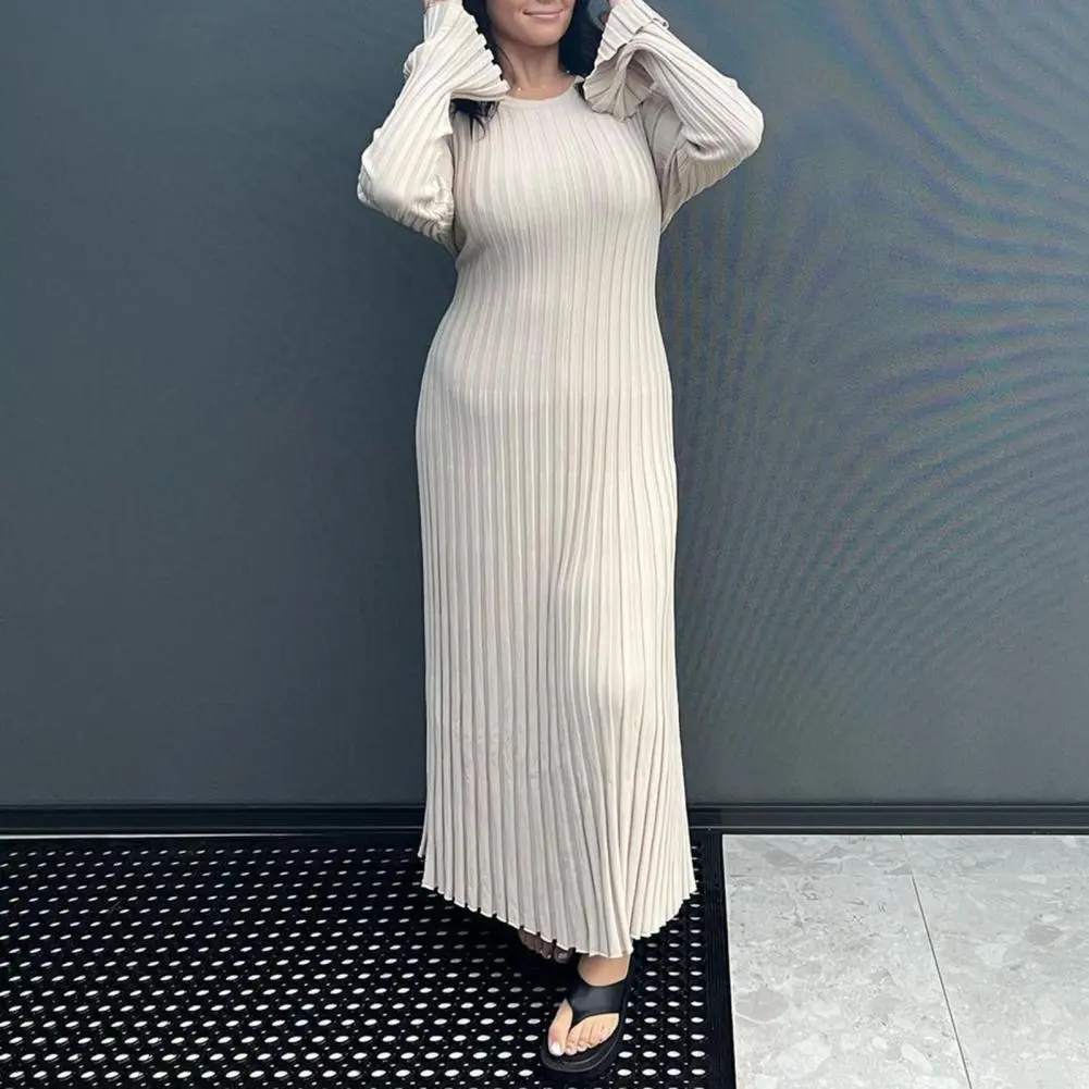 Solid Color Knitted Dress Knitting Maxi Dress Stylish Women's Ribbed Maxi Dresses Solid Color Knitting Long Sleeve for Autumn