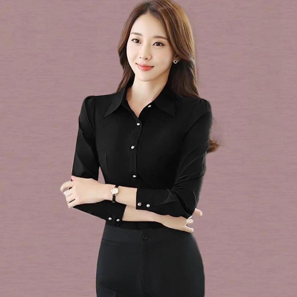 Women Blouse Comfortable Women Shirt Top Lapel Collar Enhance Beauty Image  Stylish Solid Color Long Sleeve Formal Shirt