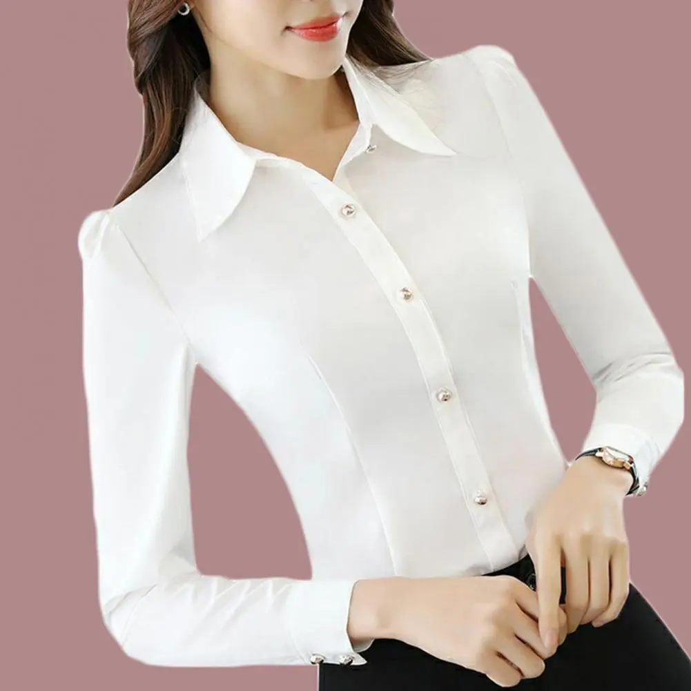 Women Blouse Comfortable Women Shirt Top Lapel Collar Enhance Beauty Image  Stylish Solid Color Long Sleeve Formal Shirt