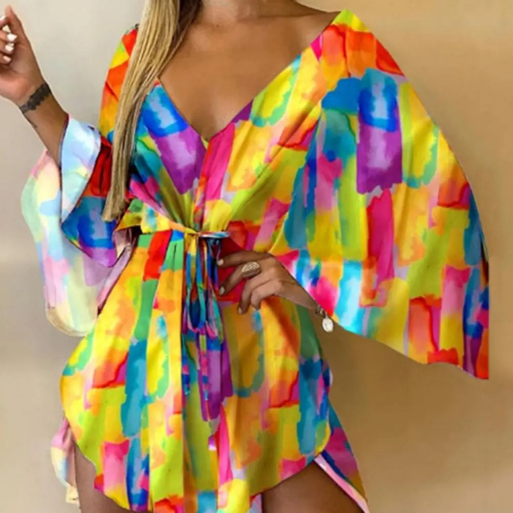 Women Dress V-Neck Sexy Lace-up Mini Dress Charming High Waist Pullover Party Dress Female Tie-Dye Leaves Printing Dresses