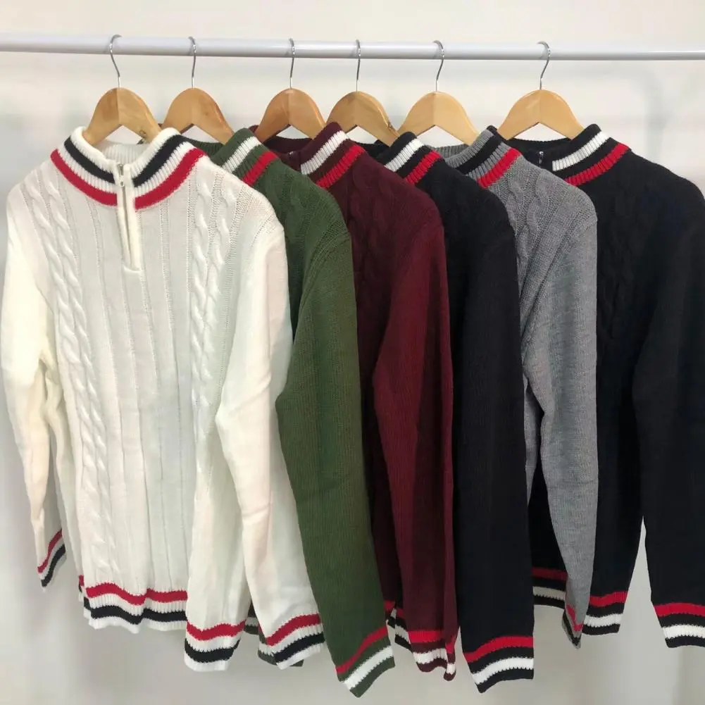 2025 Men Sweater Turtleneck Long Sleeves Zipper Collar Pullover Sweater Men Spring Autumn Patchwork Color Twist Sweater