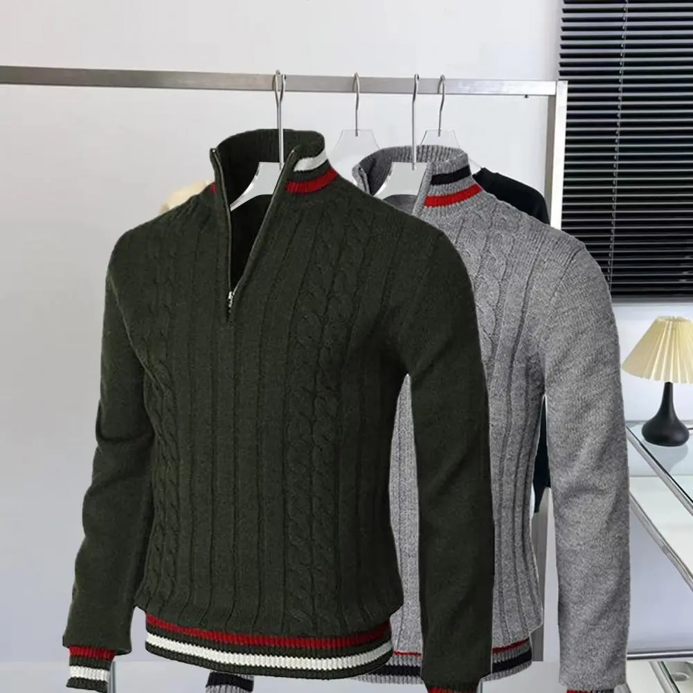 2025 Men Sweater Turtleneck Long Sleeves Zipper Collar Pullover Sweater Men Spring Autumn Patchwork Color Twist Sweater