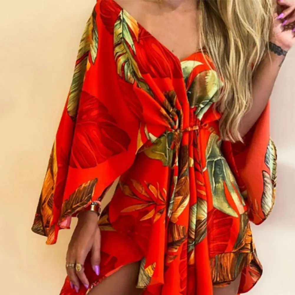 Women Dress V-Neck Sexy Lace-up Mini Dress Charming High Waist Pullover Party Dress Female Tie-Dye Leaves Printing Dresses