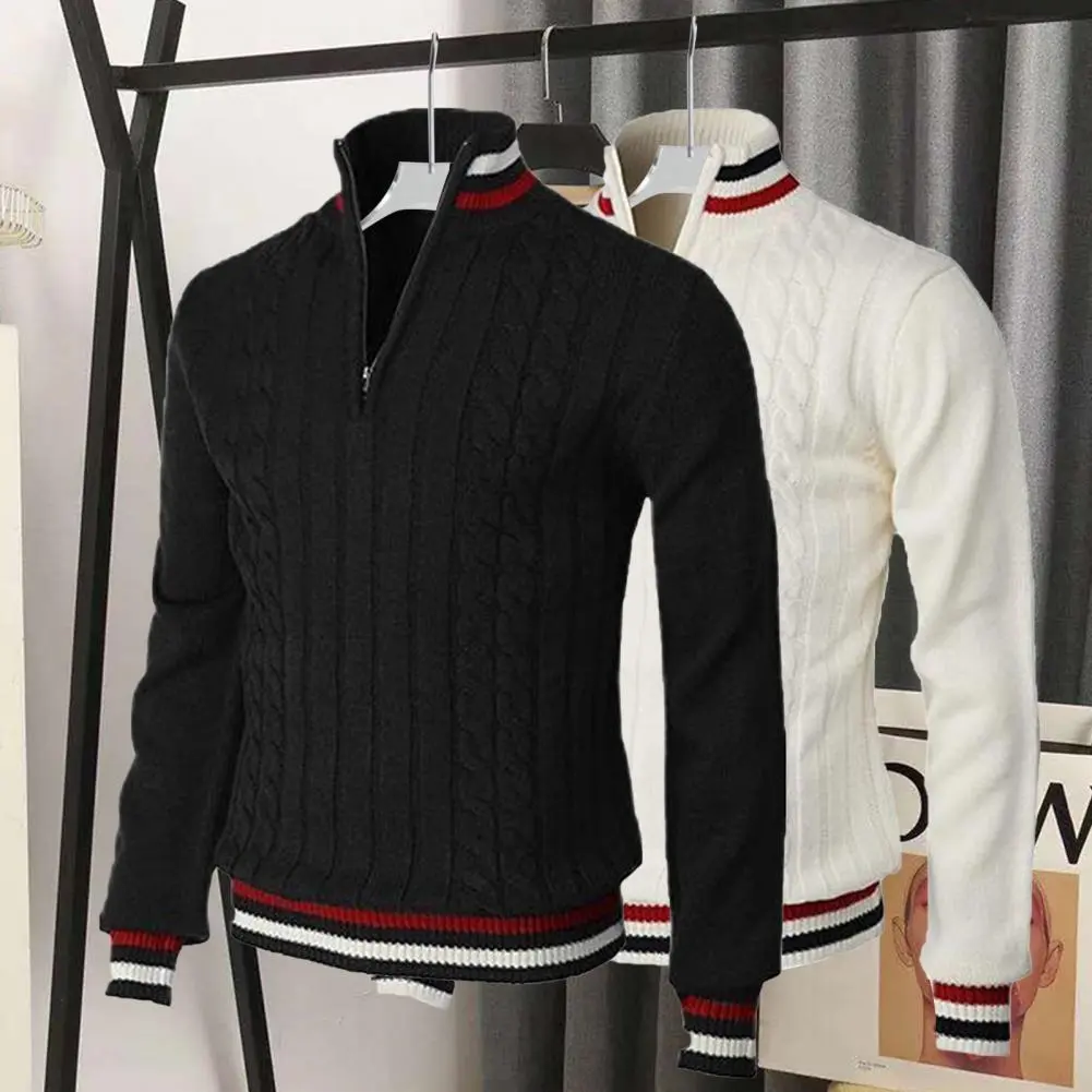 2025 Men Sweater Turtleneck Long Sleeves Zipper Collar Pullover Sweater Men Spring Autumn Patchwork Color Twist Sweater
