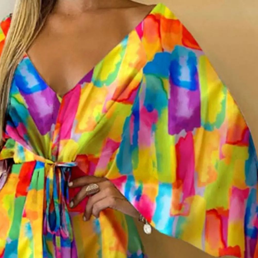 Women Dress V-Neck Sexy Lace-up Mini Dress Charming High Waist Pullover Party Dress Female Tie-Dye Leaves Printing Dresses