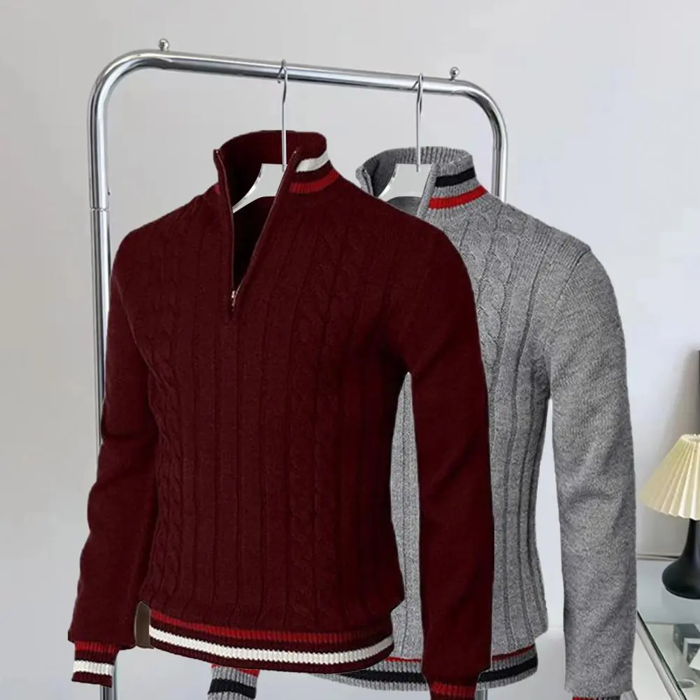 2025 Men Sweater Turtleneck Long Sleeves Zipper Collar Pullover Sweater Men Spring Autumn Patchwork Color Twist Sweater