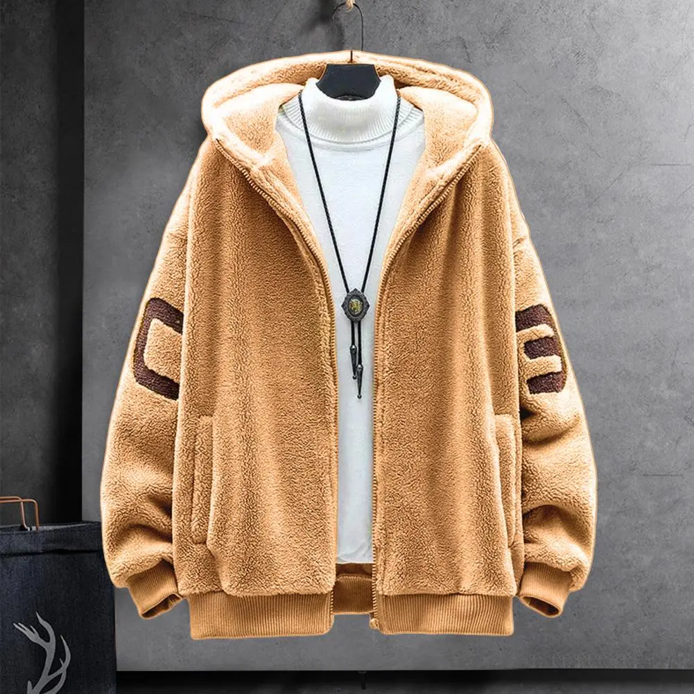 Faux Sherpa Thickened Men Jacket Zipper Closure Pockets Hooded Jackets Casual Thickened Sherpa Lining Winter Warm Men's Jackets