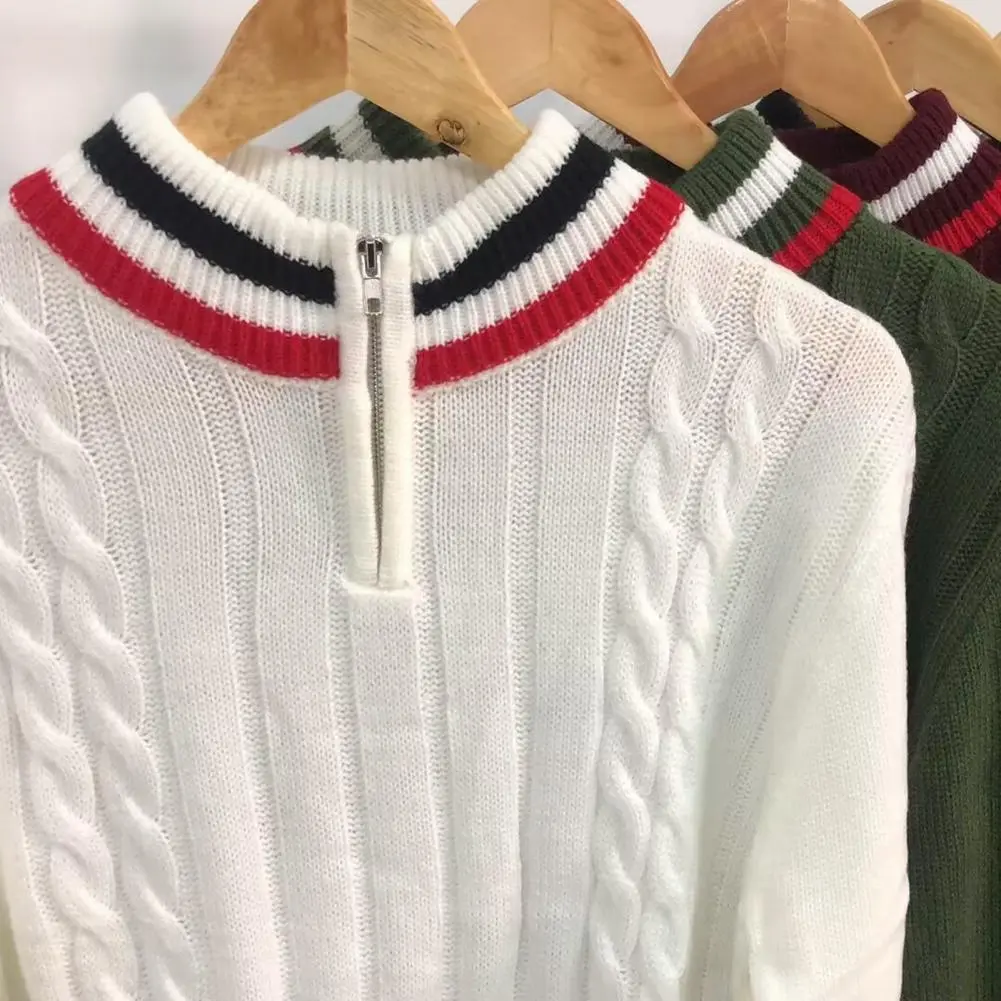 2025 Men Sweater Turtleneck Long Sleeves Zipper Collar Pullover Sweater Men Spring Autumn Patchwork Color Twist Sweater