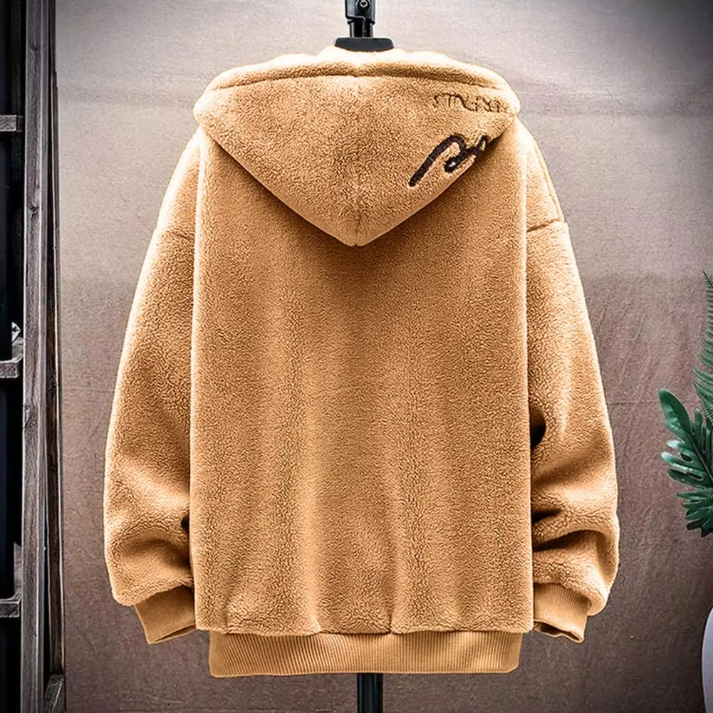 Faux Sherpa Thickened Men Jacket Zipper Closure Pockets Hooded Jackets Casual Thickened Sherpa Lining Winter Warm Men's Jackets