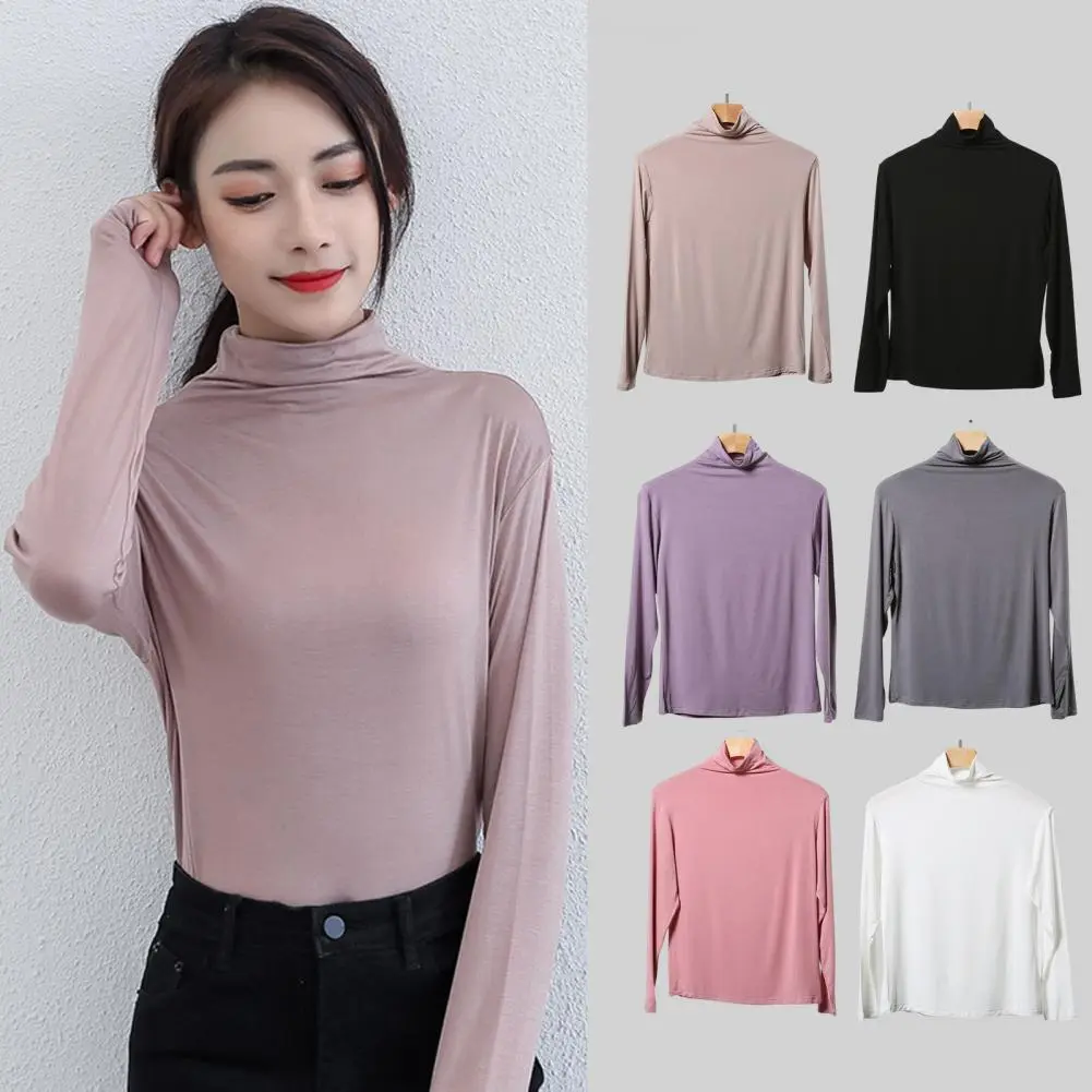 2025 New Women Autumn T-shirt Fahsion Turtleneck Long Sleeve Women Blouse Autumn Winter Solid Loose Modal T-shirt Top Streetwear