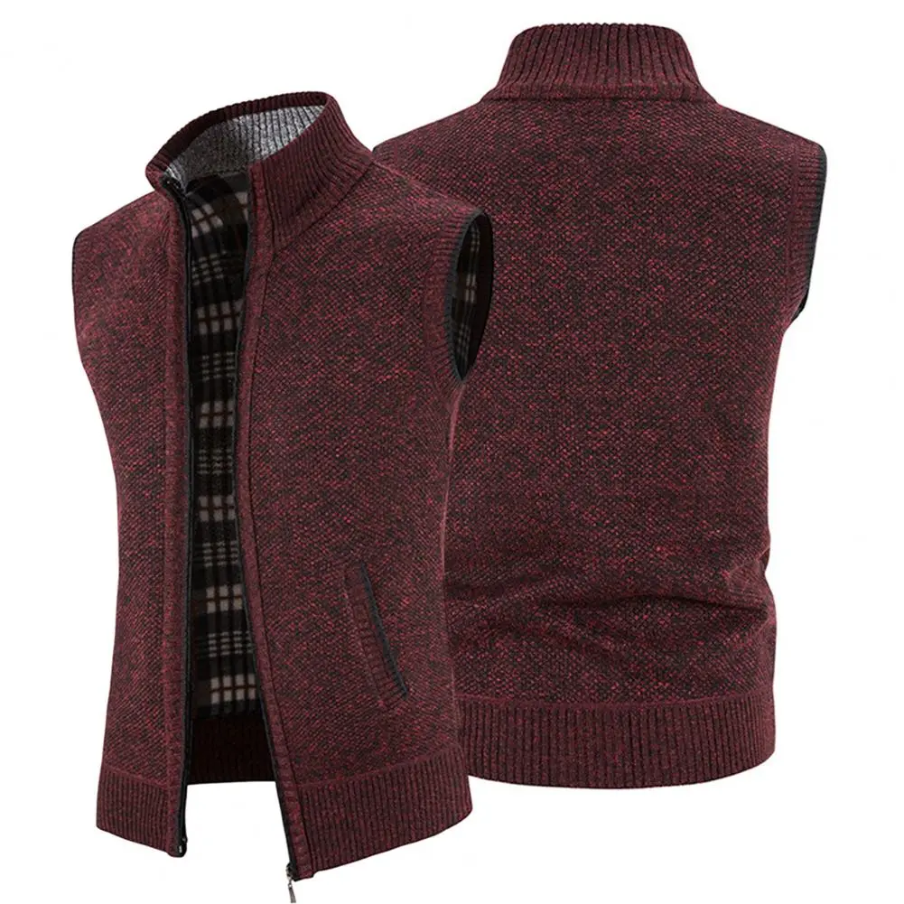 Men Knitted Cardigan Vest Stand Collar Thickened Fleece Lining Knitting Waistcoat Winter Men Plush Lined Knitted Sweater Jacket