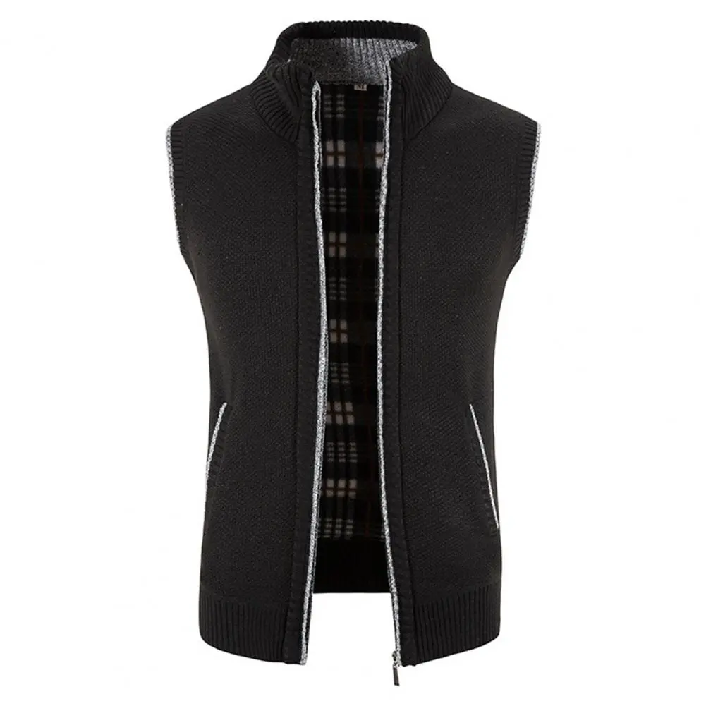 Men Knitted Cardigan Vest Stand Collar Thickened Fleece Lining Knitting Waistcoat Winter Men Plush Lined Knitted Sweater Jacket
