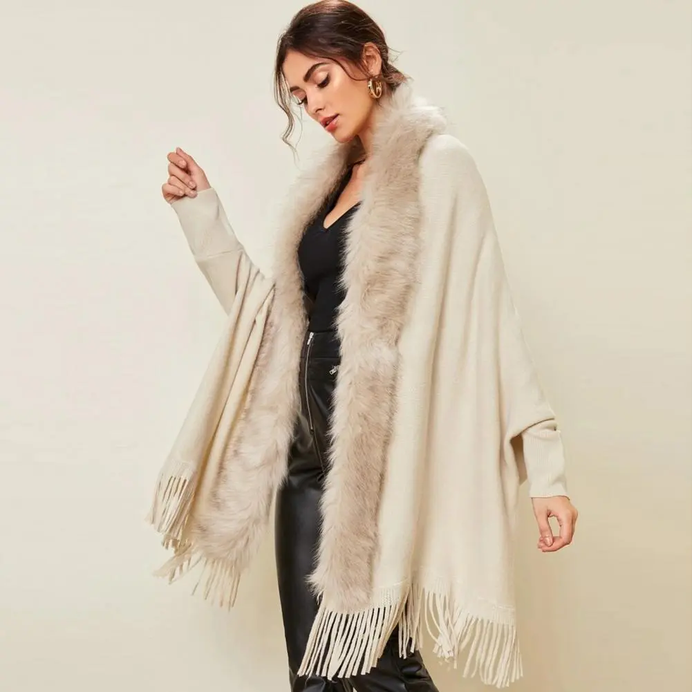 2025 Artificial Fur Collar Tassel Hem Shawl Cardigan Women Shawl British Style Cardigan Batwing Open Stitch Knitting Poncho