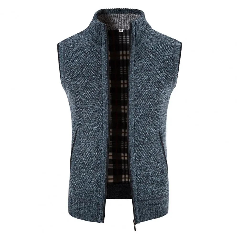Men Knitted Cardigan Vest Stand Collar Thickened Fleece Lining Knitting Waistcoat Winter Men Plush Lined Knitted Sweater Jacket