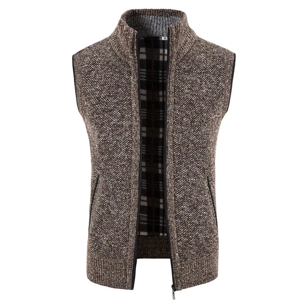 Men Knitted Cardigan Vest Stand Collar Thickened Fleece Lining Knitting Waistcoat Winter Men Plush Lined Knitted Sweater Jacket
