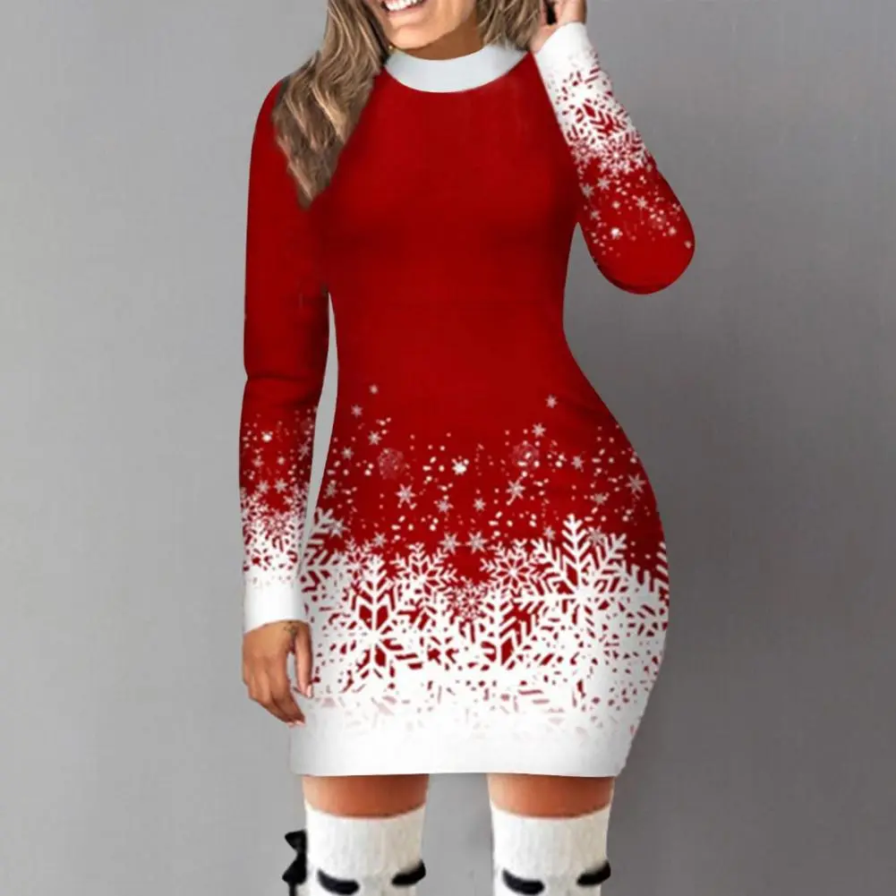 Women Christmas Print Dress Snowflake Print Gradient Color Slim Fit Sheath Dress Thick Warm Long Sleeve Autumn Party Dress